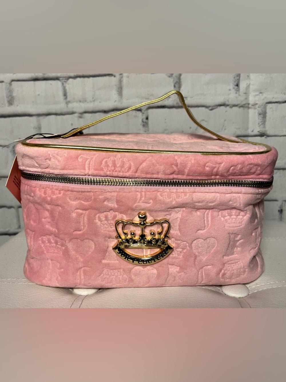 Juicy Couture Pink Velour Cosmetic Toiletry Bag with Gold Crown Accent